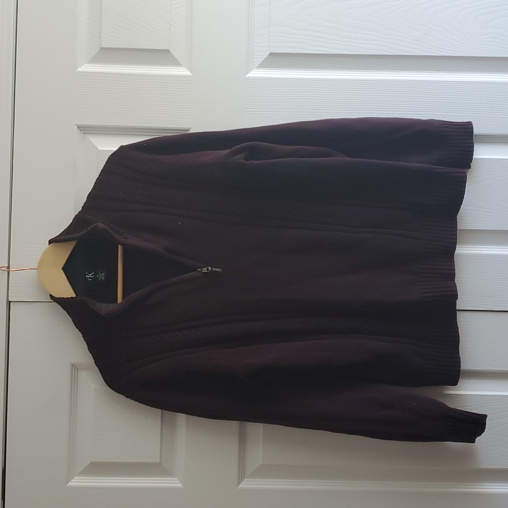 Men's chocolate brown quarter zip Calvin Klein 100% cotton cable knit sweater